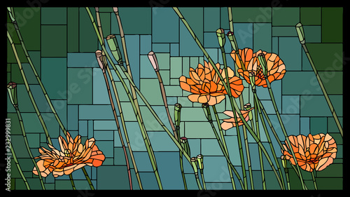 Vector stained glass window with blooming orange poppies with buds.
