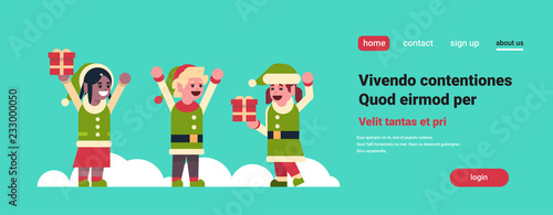 mix race elves girl boy santa claus helper hold gift box present merry christmas holiday new year concept flat horizontal banner copy space vector illustration