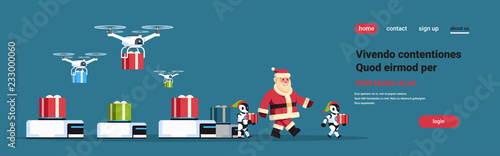 santa claus with modern robot helper team drone present delivery service gift box merry christmas happy new year concept artificial intelligence flat horizontal copy space vector illustration