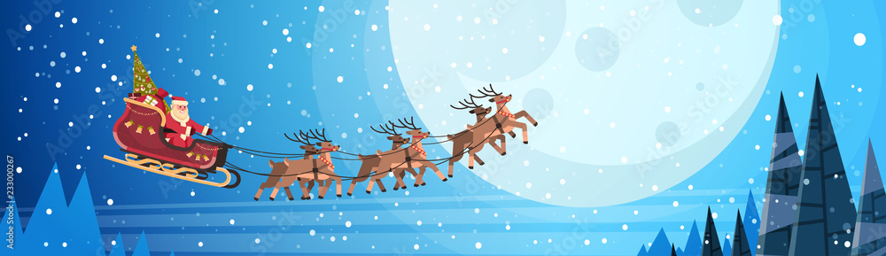 santa claus flying in sledge with reindeers night sky over moon merry christmas happy new year horizontal banner winter holidays concept flat vector illustration santa claus flying in sledge with reindeers night sky over moon merry christmas happy new year horizontal banner winter holidays concept flat vector illustration