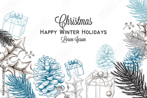 Merry Christmas card Vector lineart. Christmas background decorated invitatio...