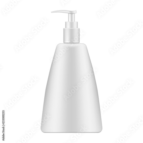 White cosmetic bottle with dispenser, realistic vector mock-up
