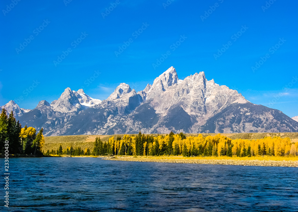 Scenic view of the Grand Tetons in Autumn