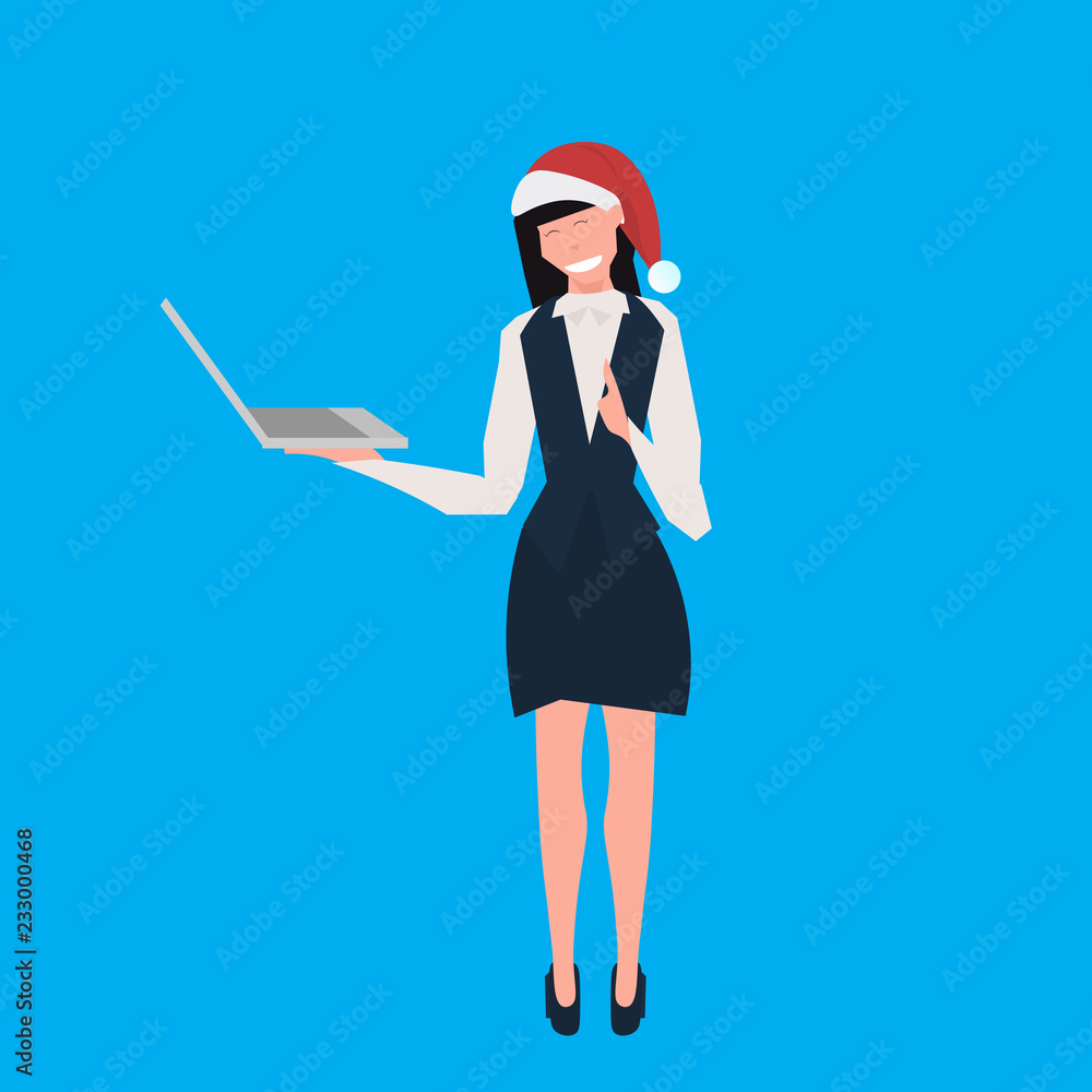 businesswoman wearing santa red hat using laptop female cartoon character full length blue background flat vector illustration businesswoman wearing santa red hat using laptop female cartoon character full length blue background flat vector illustration