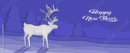 white deer cartoon animal reindeer flat fir tree landscape background christmas greeting card horizontal vector illustration