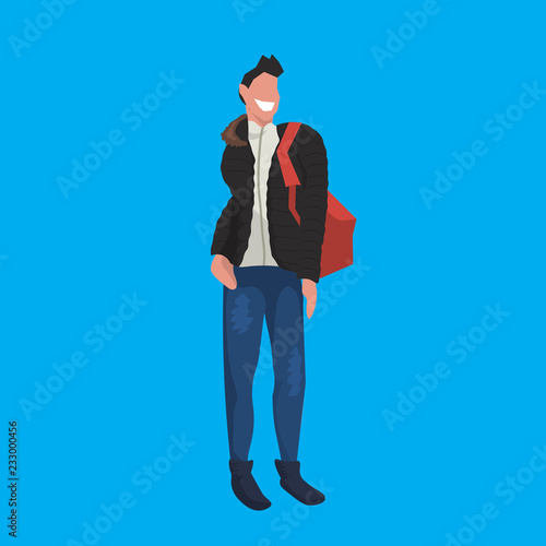 man wearing winter clothes male cartoon character full length blue background flat vector illustration