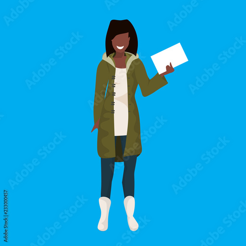 african american woman winter clothes hold envelope female cartoon character full length blue background flat vector illustration