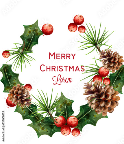 Merry Christmas watercolor wreath Vector. Red Christmas decors card