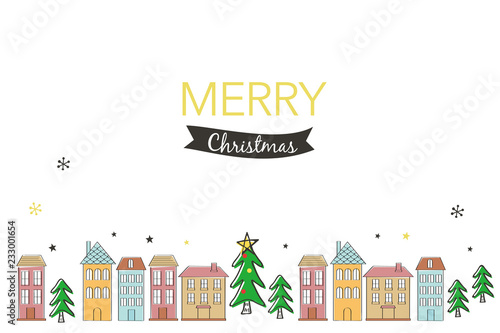 Merry christmas hand drawn illustration with tree and house