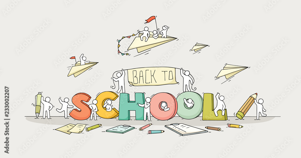 Sketch of little people with word School. Doodle cute miniature scene about education. Hand drawn cartoon vector illustration. Sketch of little people with word School. Doodle cute miniature scene about education. Hand drawn cartoon vector illustration.