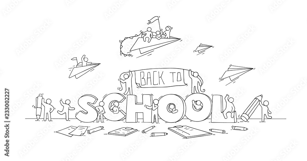 Sketch of little people with word School. Doodle cute miniature scene about education. Hand drawn cartoon vector illustration.