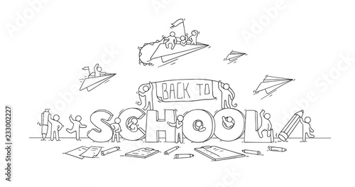 Sketch of little people with word School. Doodle cute miniature scene about education. Hand drawn cartoon vector illustration.