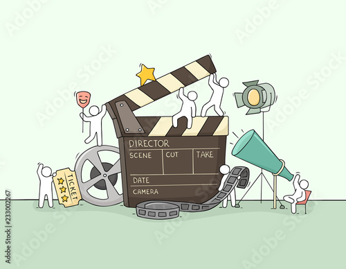 Sketch of little people with cinema symbols.