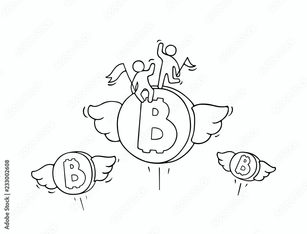 Cartoon concept with flying bitcoins and little people. Cartoon concept with flying bitcoins and little people.