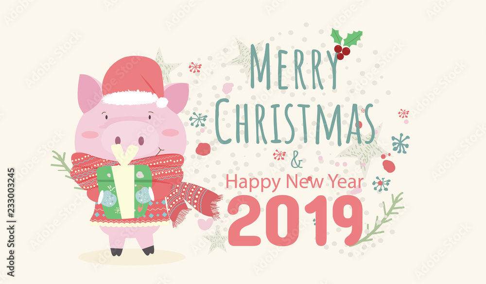 Happy holidays warm wishes creative hand drawn card winter animal pig hold a gift box enjoying winter ,hat,text happy merry christmas and happy new year,happy greeting card,vector,greeting card 