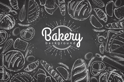 Chalk drawing Bakery background. Top view of bakery products