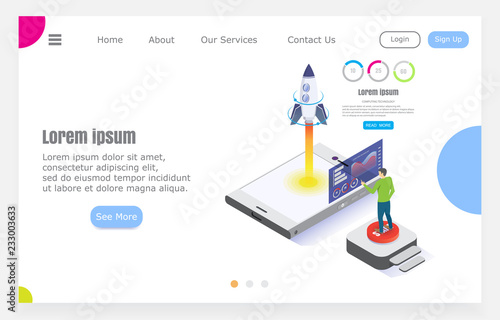 Young businessman startup a business, isometric vector illustration. successful project