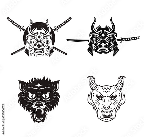 Samurai Warrior With Katana Sword, angry wolf head and demon head.