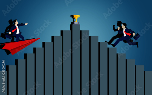 Business Success concept. Businessman standing on paper plane competing on bar graph go to goal growth modern ideas and to achieve higher. leadership. cartoon vector illustration 
