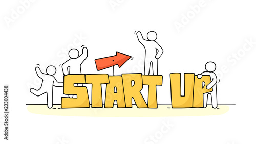 Cartoon working little people with word StartUp. Doodle cute miniature scene of workers with flying rocket. Hand drawn cartoon vector illustration for business design.