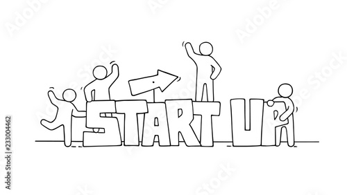 Cartoon people with word startup