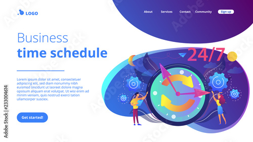Businessman and woman near huge clock with round arrows working 24/7. 24/7 service, business time schedule, extended working hours concept. Website vibrant violet landing web page template.