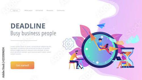 Busy business people with laptops hurry up to complete tasks at huge clock and hourglass. Deadline, project time limit, task due dates concept. Website vibrant violet landing web page template.