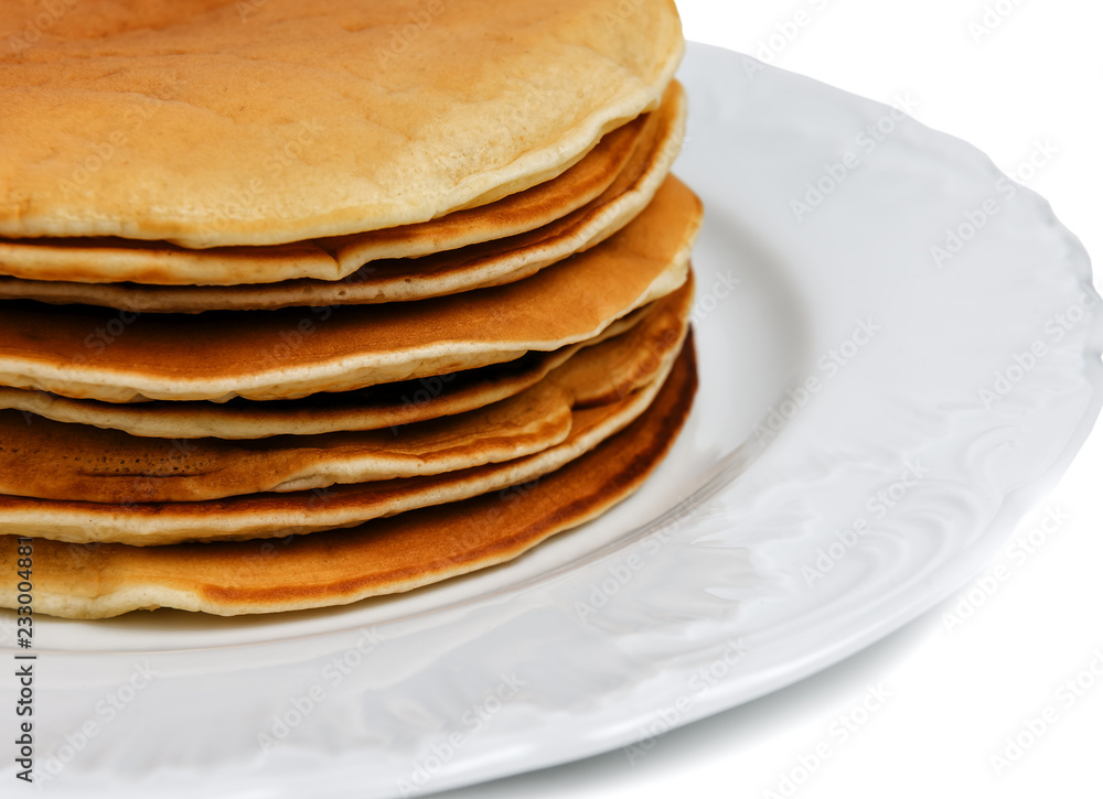 stack of fresh pancakes on white