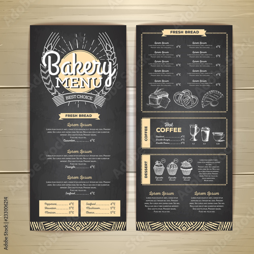 Vintage chalk drawing bakery menu design. Restaurant menu