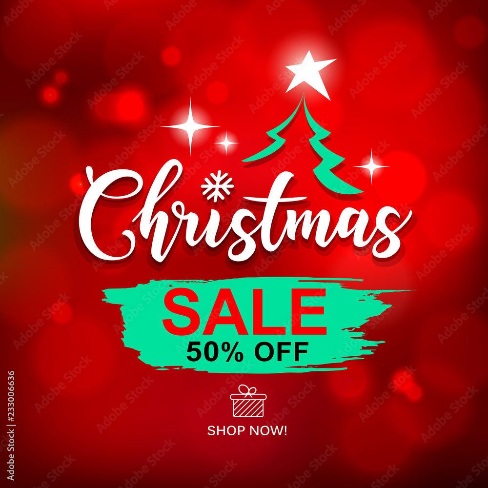 Merry Christmas sale brush stroke design with on Bokeh red background, vector illustration