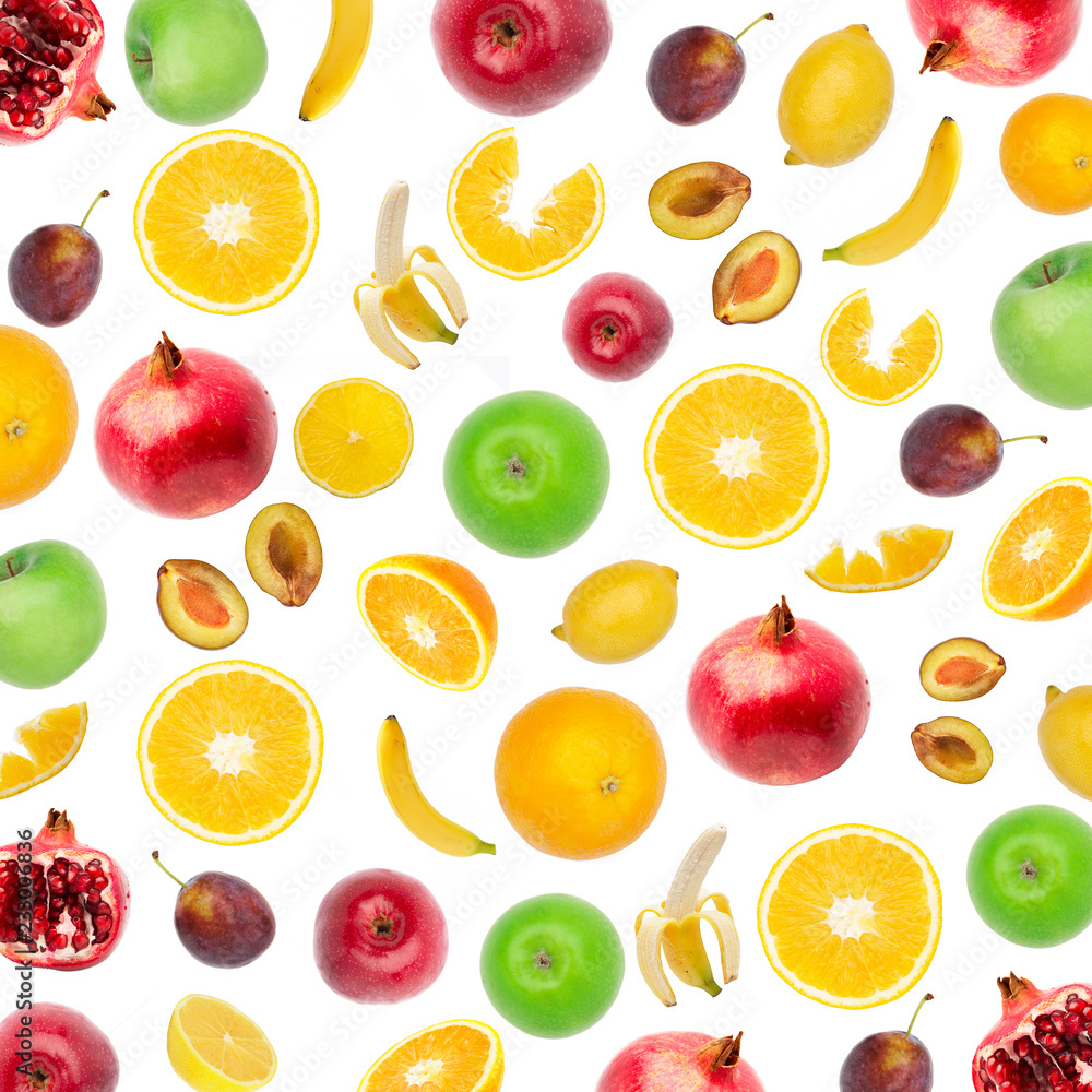 Creative flat layout of fruit, top view. Sliced orange, lemon, plum, banana, pomegranate, apple isolated on white background. Food wallpaper, composition pattern of fresh fruits. Creative flat layout of fruit, top view. Sliced orange, lemon, plum, banana, pomegranate, apple isolated on white background. Food wallpaper, composition pattern of fresh fruits.