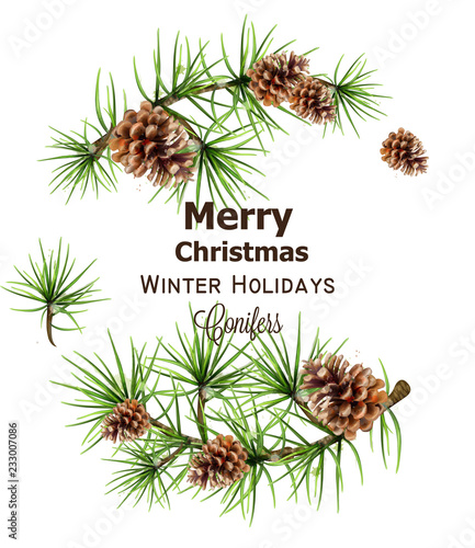 Merry Christmas watercolor wreath Vector. Red Christmas decors cards