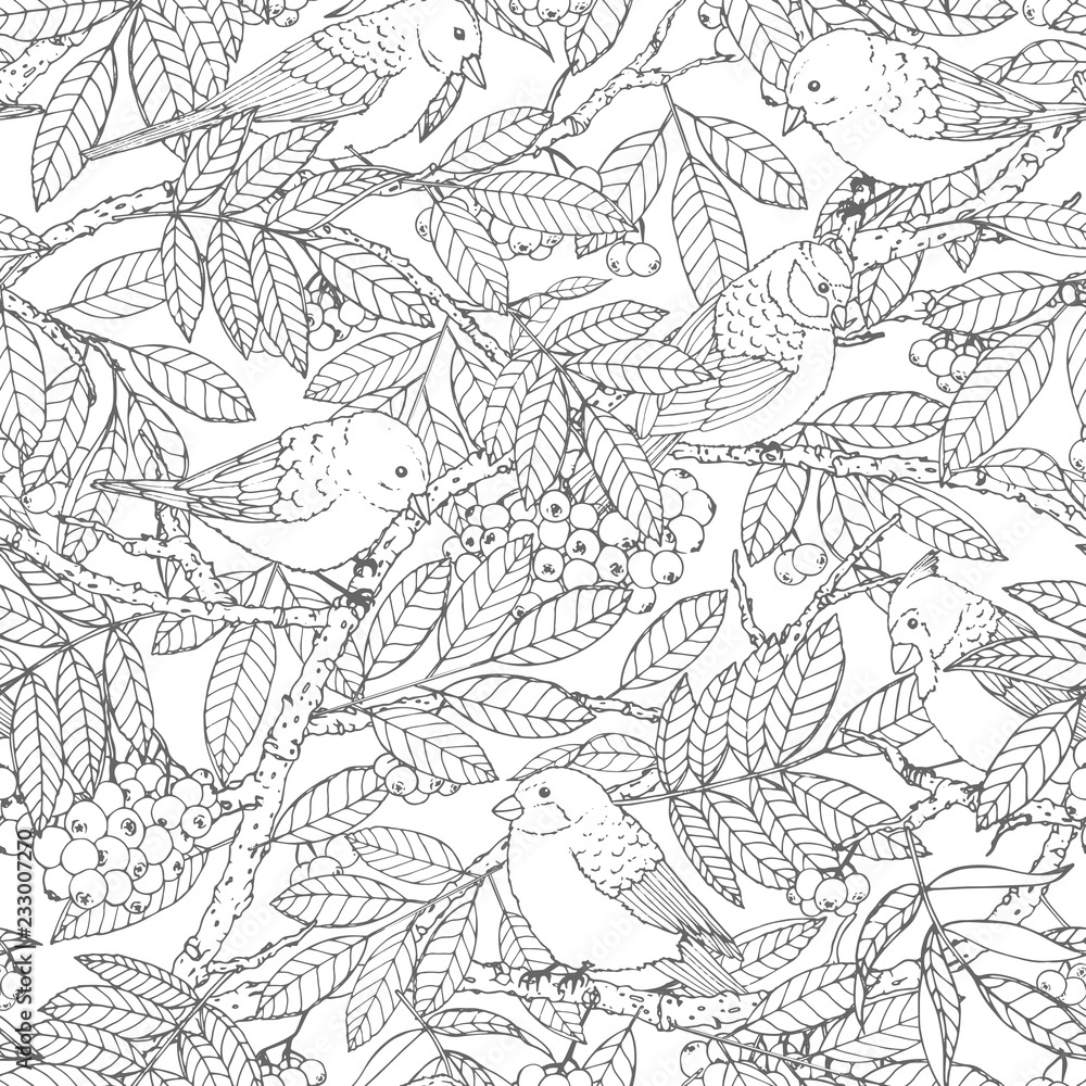 Fototapeta premium Hand drawn vector seamless pattern with birds, branches, leaves and rowanberry outline on white background. Winter decoration line art in sketch style for coloring books or wrapping paper.