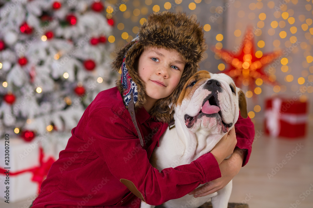 Christmas Holidays. handsome boy enjoy life time with his friend english bulldog close to new year tree with plenty presents around.Magic Christmas. Christmas Holidays. handsome boy enjoy life time with his friend english bulldog close to new year tree with plenty presents around.Magic Christmas.