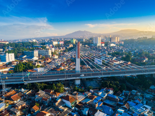 Aerial View of Pasupati Suspension Bridge, the Longest Flyover and one icon of Bandung, with Mount Tangkuban Parahu in the Background