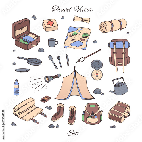 Hand drawn vector camping set with tent, flashlight, map, first aid kit, bags, backpacks and sleeping bag outline. Travel line art collection isolated on the white background.