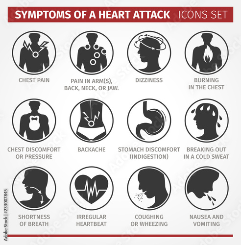 Symptoms of a heart attack. Set of icons. Vector illustration