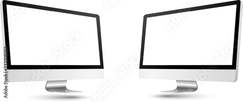 Mockup set of realistic monitor. Realistic monitor and white screen laptop for easy editing