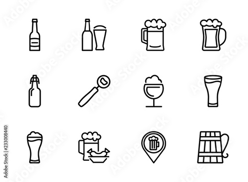 Pub icon. Set of line icon on white background. Beer bottle, craft bar, beer mug. Beer concept. Vector illustration can be used for topics like alcoholic drinks, leisure, bar