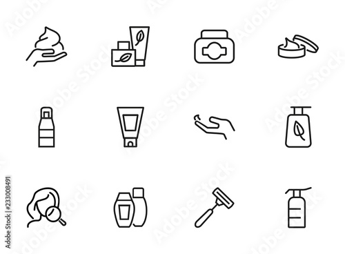 Skincare icon. Set of line icons on white background. Hand cream, body lotion, shaving razor. Beauty products concept. Vector illustration can be used for topics like beauty, cosmetics, bodycare