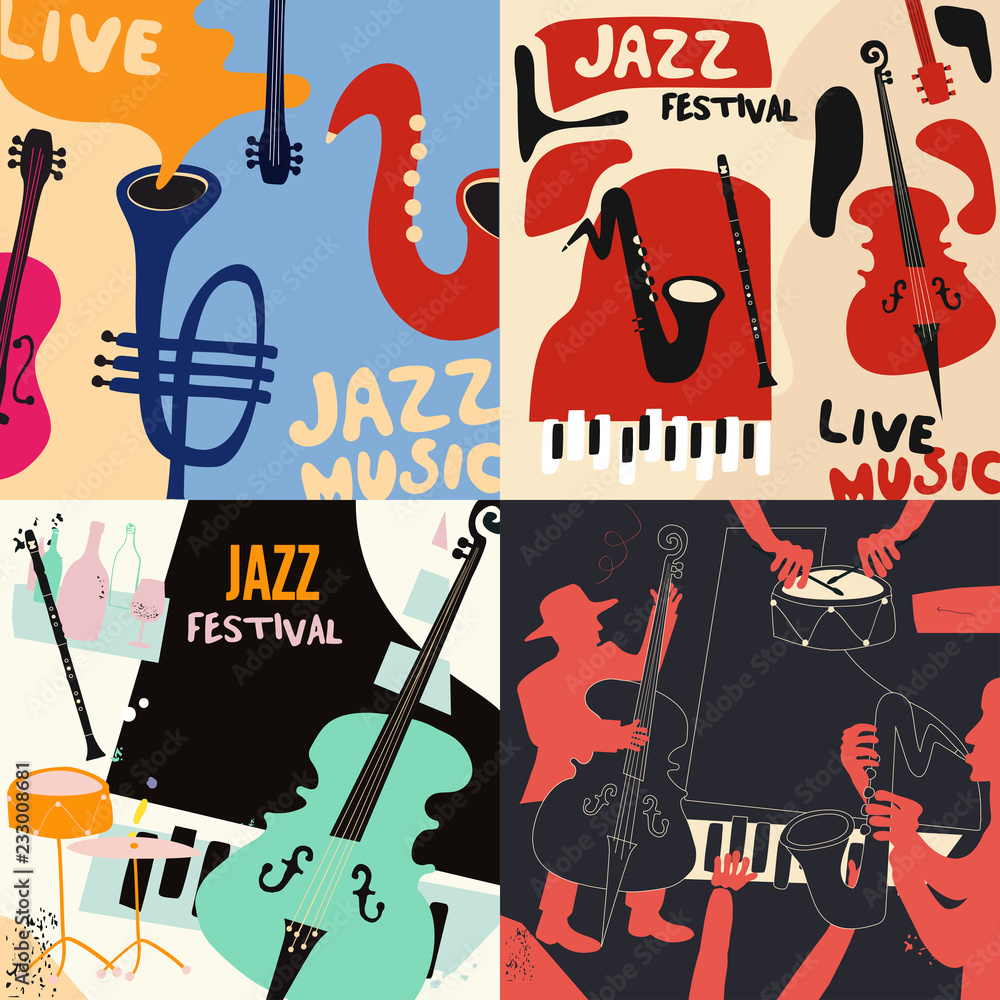 Obraz premium Set of music cards and banners. Music cards with instruments flat vector illustration design. Jazz music festival banners. Colorful jazz concert posters, party flyers, brochures