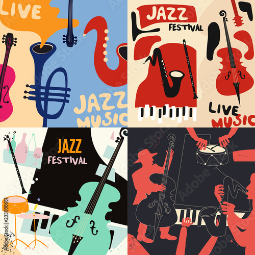 Set of music cards and banners. Music cards with instruments flat vector illustration design. Jazz music festival banners. Colorful jazz concert posters, party flyers, brochures