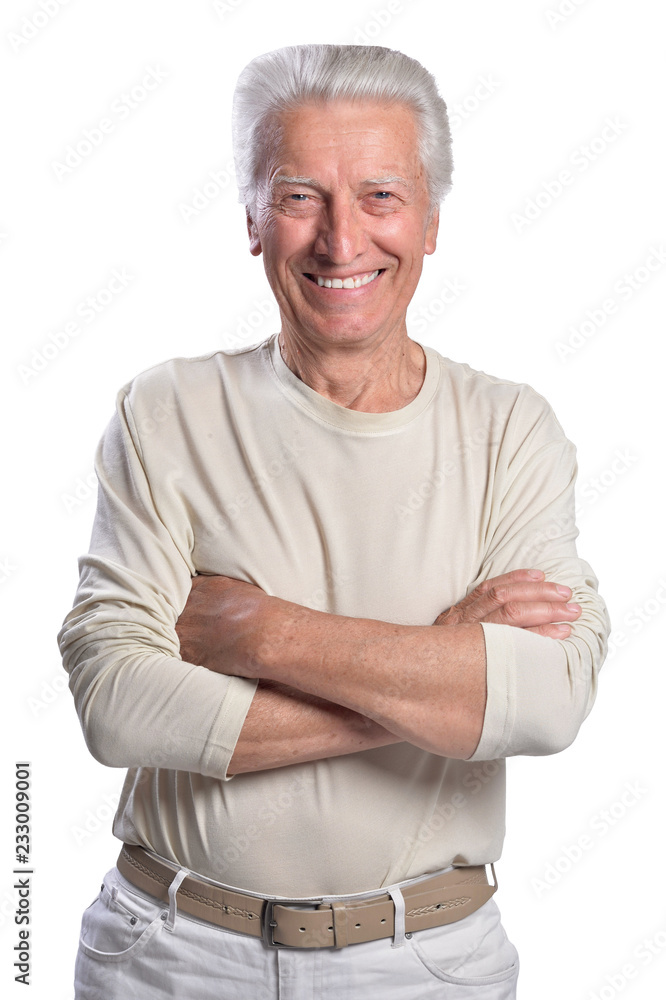 Portrait of happy senior man posing on white background Portrait of happy senior man posing on white background