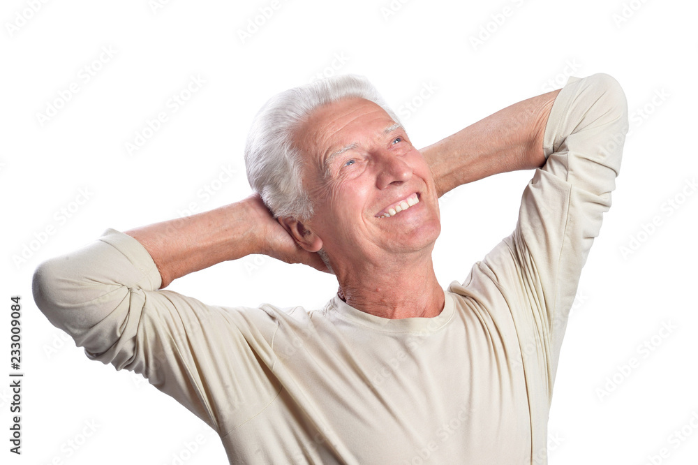 Obraz premium Portrait of happy senior man posing on white background