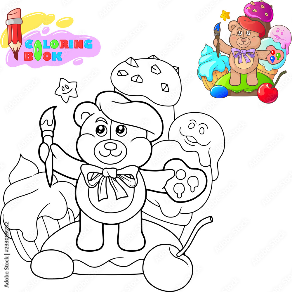 Coloring book, cartoon cute teddy bear with a tassel, funny illustration Coloring book, cartoon cute teddy bear with a tassel, funny illustration
