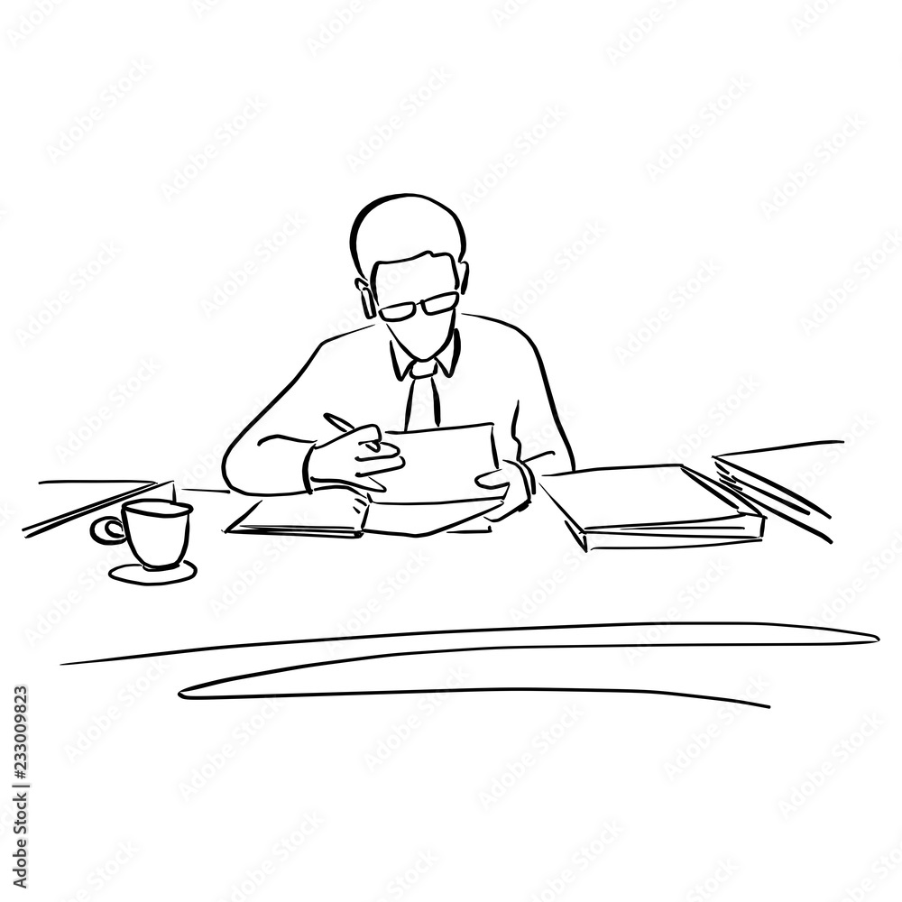 businessman with glasses working on his desk vector illustration sketch doodle hand drawn with black lines isolated on white background businessman with glasses working on his desk vector illustration sketch doodle hand drawn with black lines isolated on white background