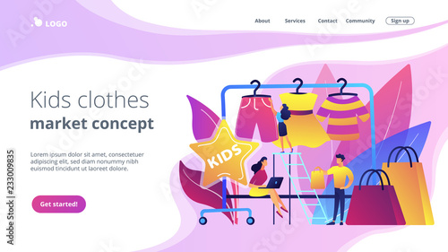 Showroom with kids clothes on hangers, designer and customers with shopping bags. Kids fashion, baby style showroom, kids clothes market concept. Website vibrant violet landing web page template.