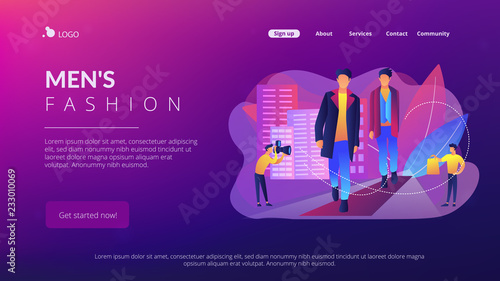 Catwalk male models display clothes on runway fashion show and event for media. Men's fashion, men's style clothing, menswear models concept. Website vibrant violet landing web page template.
