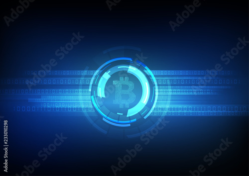 Vector   Electronic circuit inside bitcoin symbol with binary code on blue background