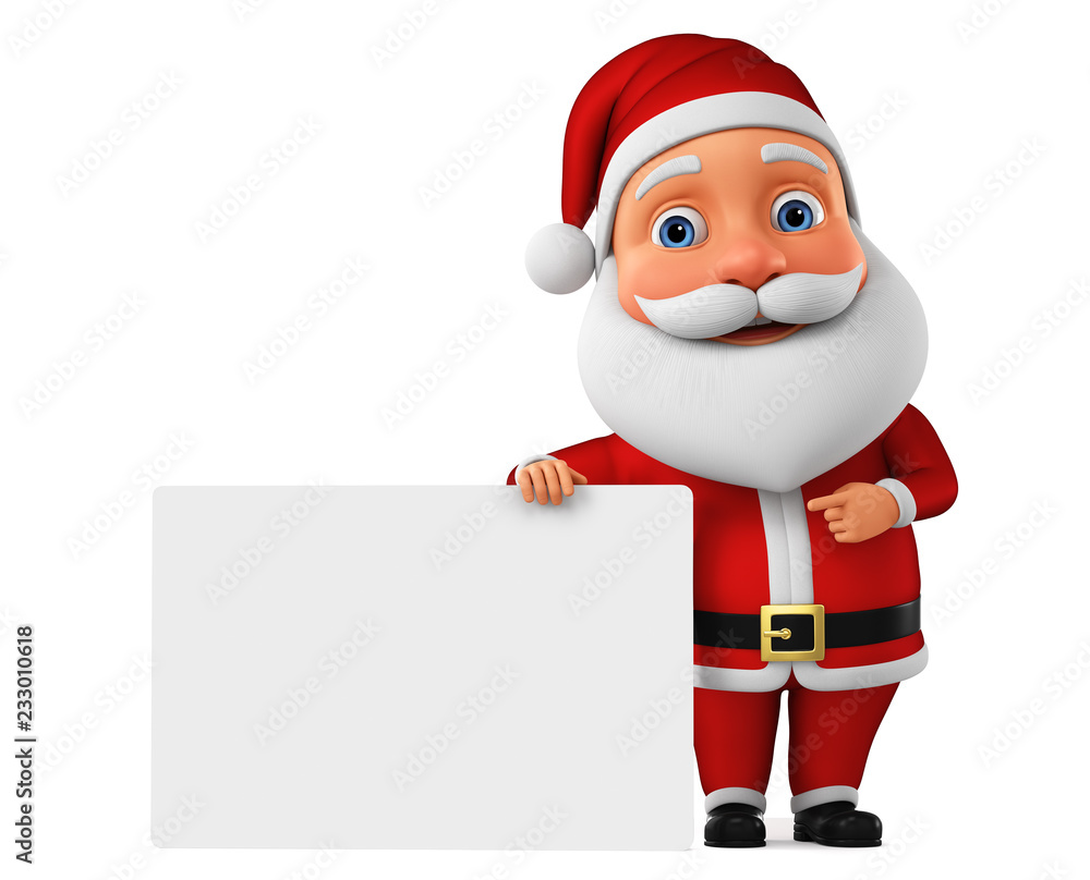 The cartoon character Santa Claus points a finger at an empty board. 3d rendering. Illustration for advertising.